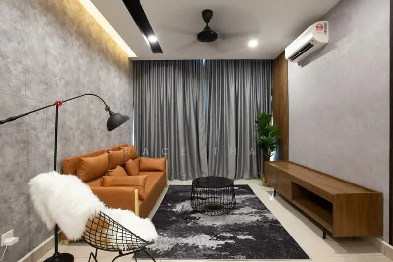 Living features: grey textured accent wall, cream painted walls, 3-seater orange fabric sofa, black coffee table, wooden TV console, floor lamp with black shade, area rug with abstract pattern, potted plant, wall-mounted split AC, ceiling fan with light, curtains in grey fabric; style: modern.