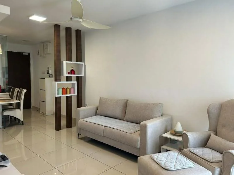 Living features: 3-seater fabric sofa in light grey, armchair with armrests in light grey, white coffee table, white shelving unit with decorative items, floor-to-ceiling windows, recessed ceiling lights, glossy ceramic tile flooring, ceiling fan with light; style: modern. Dining features: 4-seater dining table with white chairs, white table surface, glossy ceramic tile flooring; style: modern.