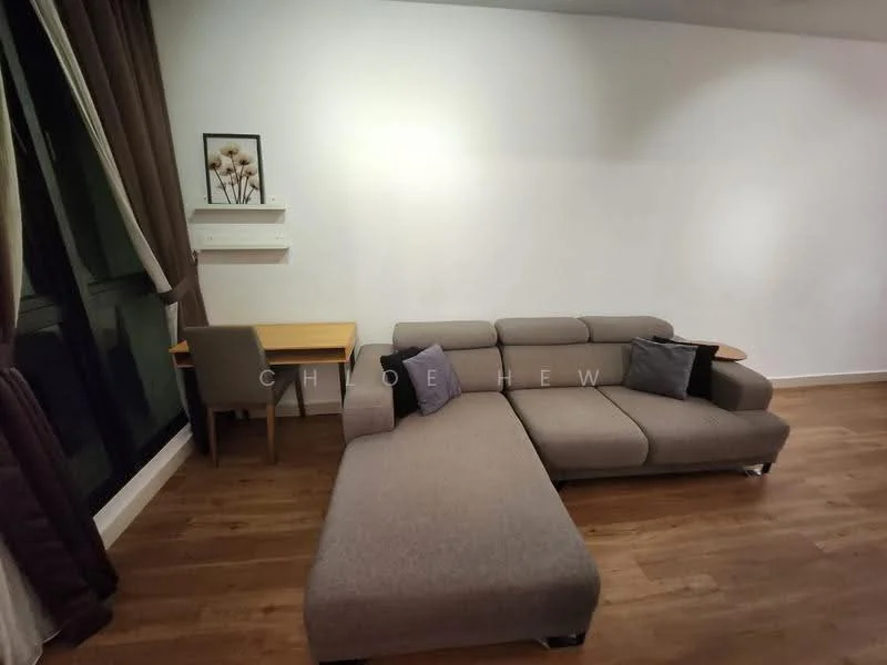 Living features: L-shape sectional sofa in grey, wooden coffee table, floor-to-ceiling windows, curtains in brown, light wooden flooring, decorative wall art, wall-mounted shelf, throw pillows in dark grey, neutral painted walls; style: modern.