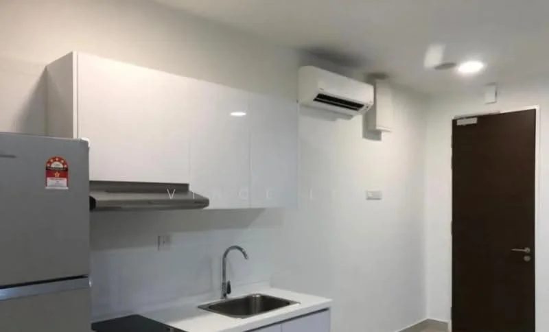 Kitchen features: white cabinetry, stainless-steel sink, chrome pull-down faucet, built-in oven, stainless-steel fridge, wall-mounted split AC, recessed downlights, grey countertop, tile backsplash, light grey tile flooring; style: modern.