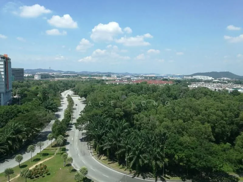 Exterior features: lush greenery, paved road, surrounding hills, urban landscape, blue sky, scattered clouds.