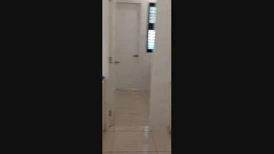 Room features: white painted walls, glossy tile flooring, door, window, light switch.