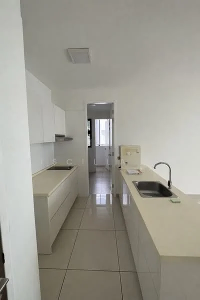 Kitchen features: white cabinetry, quartz countertop, single-bowl stainless-steel sink, chrome pull-down faucet, built-in oven, ceramic tile flooring, recessed downlights, wall-mounted range hood, open layout, neutral wall color, window for natural light; style: modern.