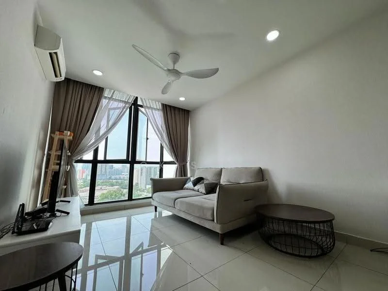 Living features: 3-seater fabric sofa in light grey, round coffee table with metal base, TV console, wall-mounted TV, floor-to-ceiling windows, sheer curtains, dropped ceiling with recessed lighting, 1 wall-mounted split AC, glossy tile flooring, decorative wall art; style: modern; view: city.