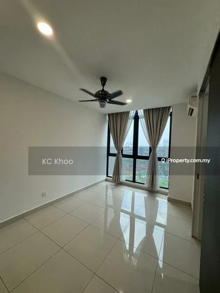 Bedroom features: white painted walls, glossy ceramic tile flooring, 5-blade ceiling fan with light, floor-to-ceiling windows, sheer curtains, air conditioning unit, city view; style: modern; view: city.