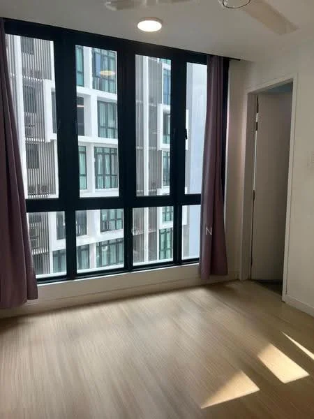 Room features: floor-to-ceiling windows, purple curtains, light wood flooring, recessed downlights, ceiling fan, white painted walls, door leading to another room; style: modern; view: city.