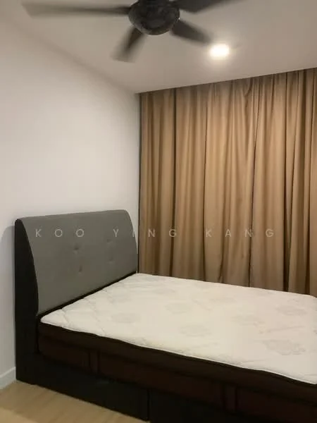 Bedroom features: queen-size bed, upholstered headboard, beige bed frame, light wood flooring, white painted walls, brown curtains, ceiling fan with light, recessed downlights; style: modern.