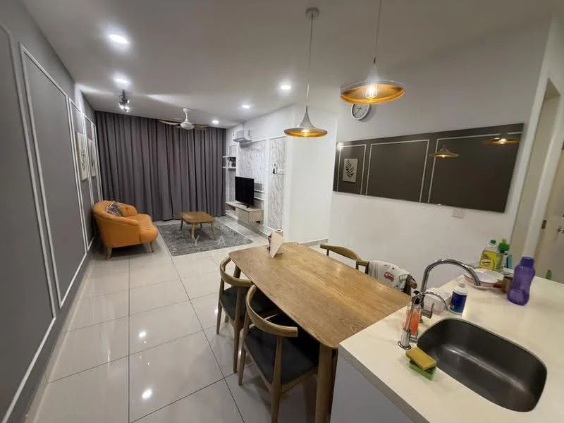 Living features: grey painted walls, white ceiling, recessed downlights, 3-seater fabric sofa in orange, coffee table, TV console, wall-mounted TV, area rug, curtains, decorative wall art, open shelving, dining table with wooden top, 4 dining chairs, stainless-steel sink, chrome pull-down faucet; style: modern.