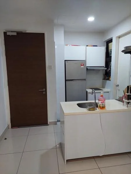 Kitchen features: white cabinetry, marble countertop, single-bowl stainless-steel sink, chrome pull-down faucet, built-in fridge, wall-mounted cabinets, ceramic tile flooring, recessed downlights, door leading to hallway; style: modern.
