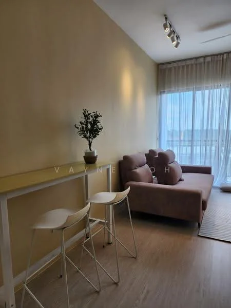 Living features: beige fabric sofa, 2 white bar stools, yellow painted walls, large glass sliding door, sheer curtains, wooden flooring, recessed ceiling lights, decorative plant in pot, area rug; style: modern; view: city.