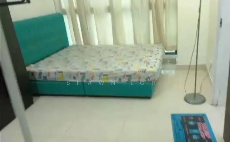 Bedroom features: queen-size bed with teal upholstered headboard, mattress with colorful patterned bedding, light-colored tiled flooring, floor-to-ceiling windows with sheer curtains, standing lamp, decorative area rug with graphic design, built-in wardrobe with sliding doors; style: modern.