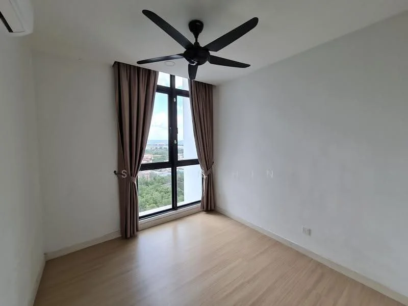 Bedroom features: light wood laminate flooring, white painted walls, 5-blade ceiling fan in black, floor-to-ceiling window, brown curtains, city view; style: modern; view: city.