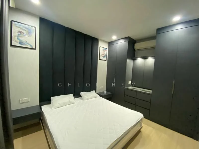 Bedroom features: queen-size bed, black upholstered headboard, built-in wardrobe with sliding doors, nightstands with wall-mounted lamps, light wood flooring, white walls, decorative artwork on walls, recessed lighting; style: modern.