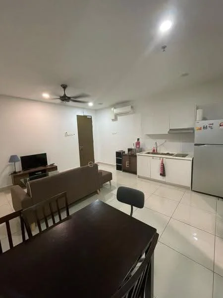 Living features: 3-seater fabric sofa in beige, coffee table, wall-mounted TV, TV console, ceiling fan, recessed LED downlights, white painted walls, tile flooring, air conditioning unit, open-plan layout with dining area, dining table with 4 chairs, kitchen area with white cabinetry, stainless-steel fridge, stainless-steel sink, kitchen countertop; style: modern.
