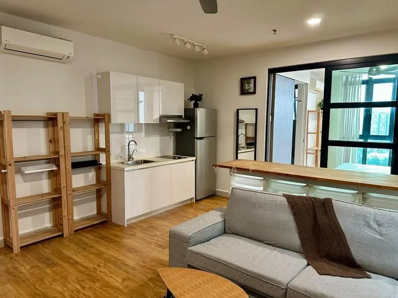 Kitchen features: white cabinetry, stainless-steel fridge, single-bowl stainless-steel sink, chrome pull-down faucet, wooden countertop, open shelving, recessed downlights, wooden dining table, 5-blade ceiling fan, laminate flooring; style: modern. Living features: 3-seater fabric sofa in light grey, wooden coffee table, decorative wall mirror; style: modern.