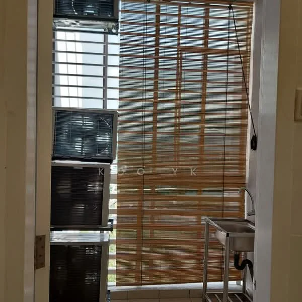 Room features: blinds, sink, wall-mounted air conditioning units, tile flooring, window, light source, door frame, countertop.