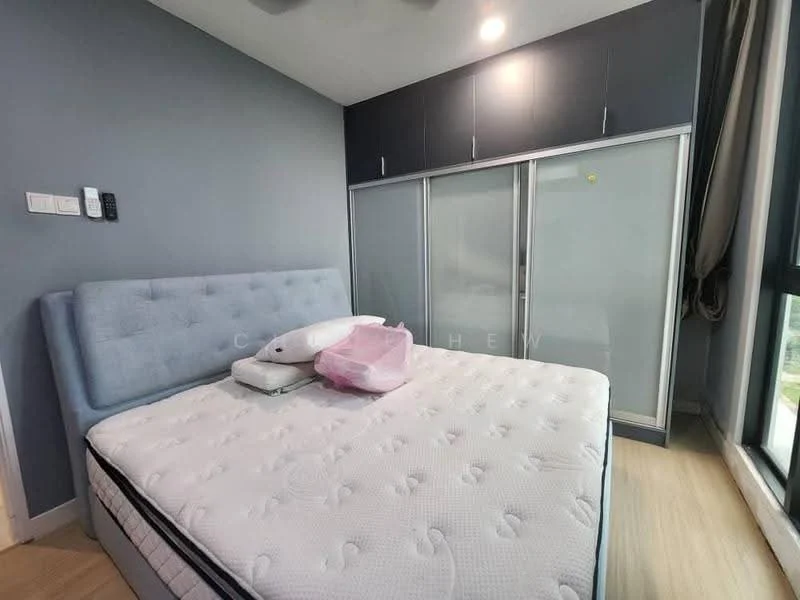 Bedroom features: queen-size bed with upholstered headboard, light grey bedding, built-in wardrobe with sliding doors, light wood flooring, grey accent wall, ceiling fan, large windows with sheer curtains, decorative pillows; style: modern; view: city.