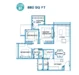 Floor plan: 3-bedroom 2-bathroom unit; features: open-plan kitchen-dining-living, master bedroom with ensuite bathroom, bedroom 2 with shared bathroom, utility room, balcony off living room, central foyer, 2 car porch, 1,250 sqft built-up.