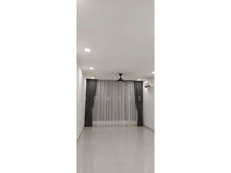 Room features: white painted walls, glossy tile flooring, recessed downlights, 5-blade ceiling fan, floor-to-ceiling windows, sheer curtains, air conditioning unit; style: modern.