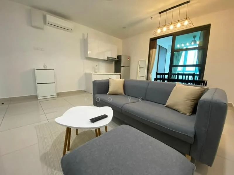 Living features: grey fabric L-shape sectional sofa, white coffee table with wooden legs, area rug, wall-mounted split AC, recessed downlights, floor-to-ceiling windows, curtains, light wood dining table with chairs visible in background, white cabinetry, stainless-steel fridge, kitchen countertop, tile flooring; style: modern; view: city.