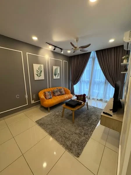 Living features: orange fabric sofa, area rug with geometric pattern, wooden coffee table, wall-mounted TV, TV console, grey painted walls, white ceiling, recessed downlights, floor-to-ceiling windows with sheer curtains, curtains in brown, decorative wall art, ceiling fan with light; style: modern.