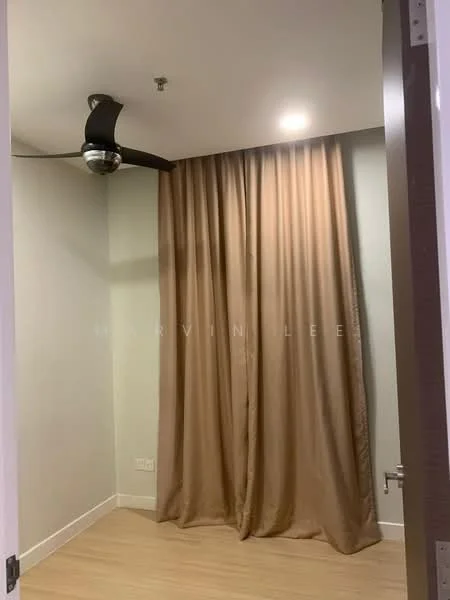 Room features: light wood flooring, pale green painted walls, floor-to-ceiling curtain in beige, ceiling fan, white baseboards, single light fixture, door frame, corner wall; style: modern.