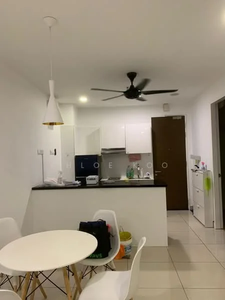 Kitchen features: white painted walls, tile flooring, black countertop, white cabinetry, built-in oven, stainless-steel sink, chrome pull-down faucet, refrigerator, 5-blade ceiling fan, pendant light, dining table with white chairs; style: modern.