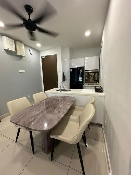 Dining features: 4-seater dining table with marble top, upholstered dining chairs, wall-mounted split AC, ceiling fan, white cabinetry, black refrigerator, built-in oven, grey tiled flooring, white walls, kitchen island with seating; style: modern.