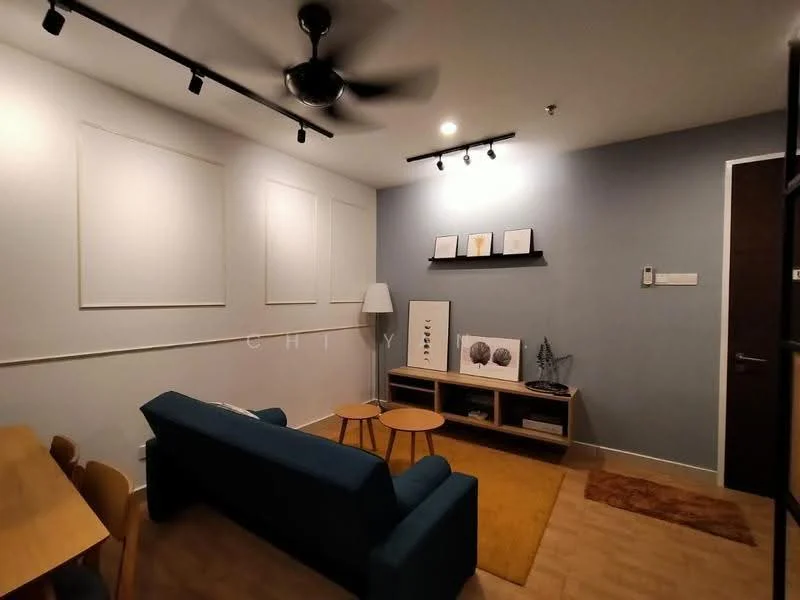 Living features: 3-seater fabric sofa in blue, 2 wooden side tables, wooden TV console, framed artwork on wall, area rug with geometric pattern, floor lamp, track lighting, white painted walls, grey accent wall, ceiling fan, wooden flooring; style: modern.