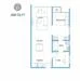 Floor plan: 2-bedroom 1-bathroom unit; features: open-plan kitchen-dining-living, master bedroom with ensuite bathroom, bedroom 2 with shared bathroom, utility room, balcony off living room, central foyer.