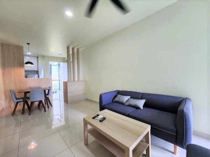 Living features: grey fabric sofa, wooden coffee table, 2-seater dining table, blue upholstered dining chairs, white tiled flooring, light green painted walls, recessed downlights, ceiling fan, wall-mounted TV, open layout to kitchen, large windows for natural light; style: modern.