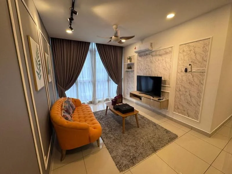 Living features: orange fabric sofa, decorative cushions, area rug with geometric pattern, wall-mounted TV, TV console with storage, recessed lighting, 5-blade ceiling fan, floor-to-ceiling windows with sheer curtains, grey tiled flooring, feature wall with marble cladding, wall art with abstract design, air conditioning unit; style: modern.