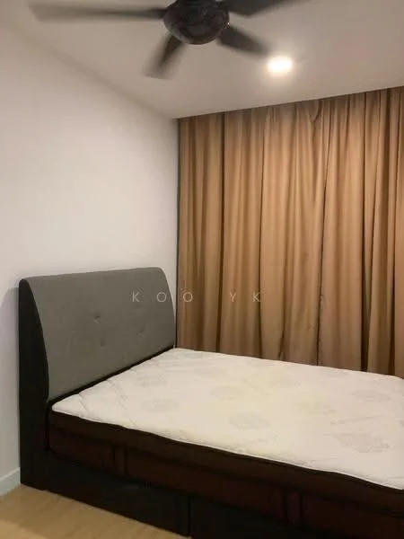Bedroom features: queen-size bed, upholstered headboard, wooden flooring, brown curtains, ceiling fan, recessed lighting, white painted walls; style: modern.