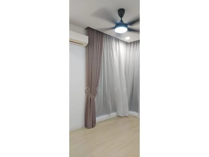 Room features: light wood flooring, white painted walls, grey curtains, sheer white curtains, 5-blade ceiling fan with light, wall-mounted split AC, recessed ceiling lights; style: modern.
