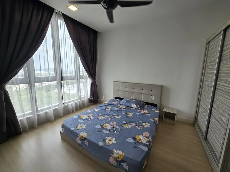 Bedroom features: king-size bed with upholstered headboard, bedding with floral pattern, nightstand, floor-to-ceiling windows, sheer curtains, blackout curtains, wooden flooring, ceiling fan, built-in wardrobe with sliding doors; style: modern; view: city.