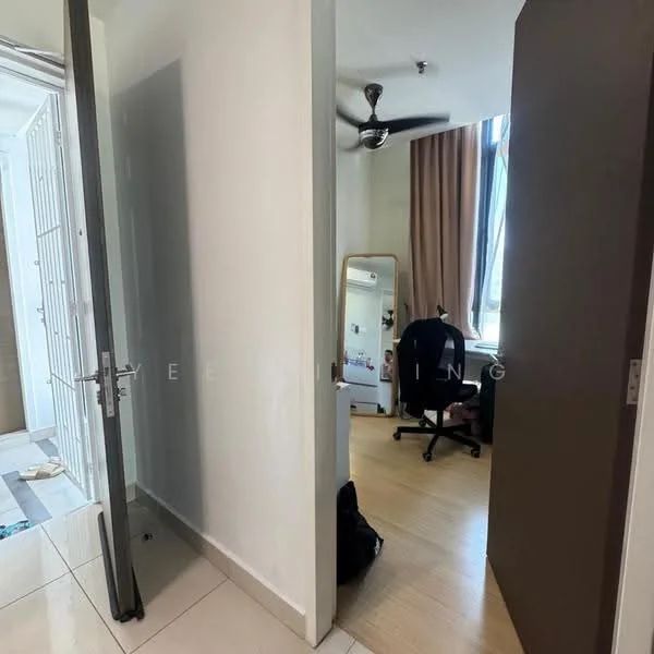 Room features: white painted walls, light wood flooring, ceiling fan, large window, mirror, desk chair, desk, doorway, curtains; style: modern.