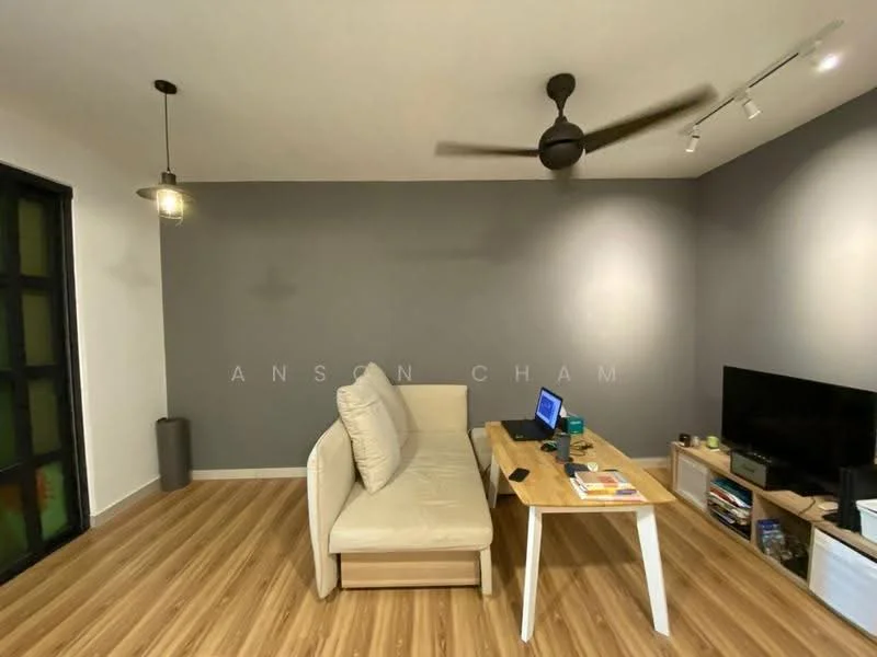 Living features: 3-seater fabric sofa in beige, wooden coffee table, wall-mounted TV, TV console, ceiling fan, recessed LED downlights, laminate flooring, grey accent wall, decorative wall art, open shelving unit; style: modern.