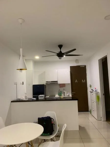Kitchen features: white cabinets, black countertop, stainless-steel fridge, built-in oven, 4-burner gas hob, single-bowl stainless-steel sink, chrome pull-down faucet, pendant light, recessed downlights, ceiling fan, tile flooring, open layout, dining table, white walls; style: modern.