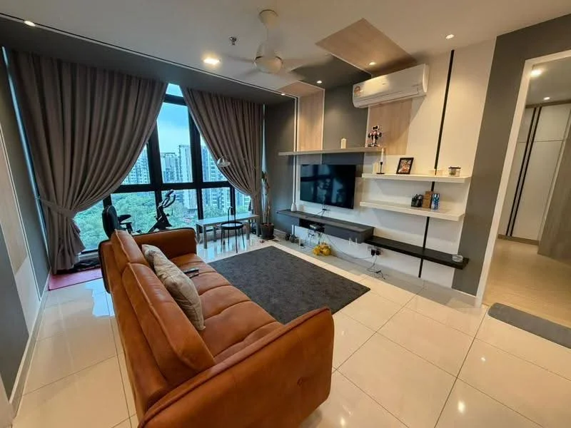Living features: 3-seater brown leather sofa, area rug with geometric pattern, wall-mounted TV, floating TV console, recessed downlights, 5-blade ceiling fan with light, floor-to-ceiling windows, sheer curtains, wooden accent wall, air conditioning unit, decorative plants, coffee table; style: modern; view: city.