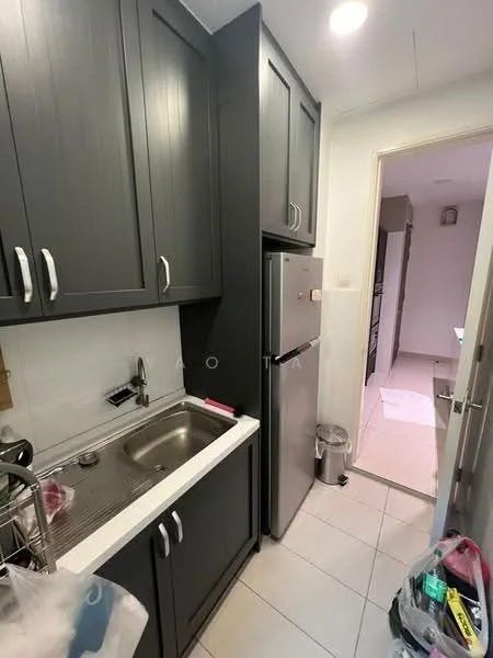 Kitchen features: grey cabinetry, stainless-steel sink, chrome faucet, built-in fridge, white countertop, tile backsplash, ceramic tile flooring, recessed downlights, doorway to hallway; style: modern.