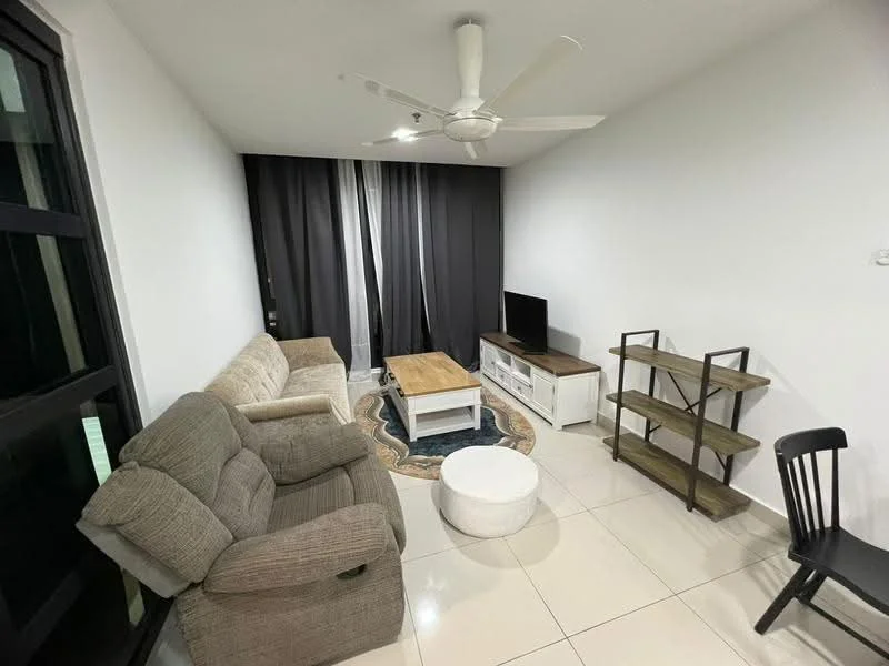 Living features: 3-seater fabric sofa in beige, 2-seater fabric sofa in light grey, wooden coffee table, white TV console, wall-mounted TV, black chair, area rug with circular pattern, ceiling fan with light, floor-to-ceiling windows with black curtains, glossy tile flooring, white painted walls; style: modern.