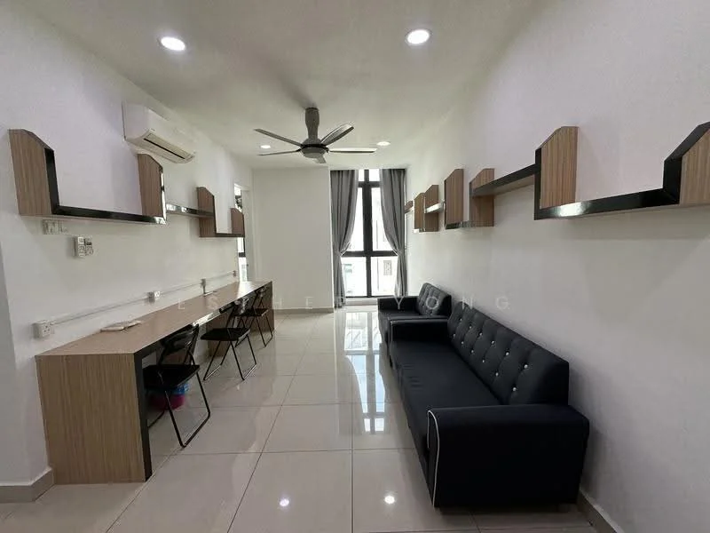 Living features: white painted walls, glossy tile flooring, 5-blade ceiling fan with light, floor-to-ceiling windows, grey curtains, black fabric sofa, wooden wall shelves, wooden desk, black metal chairs, air conditioning unit; style: modern.