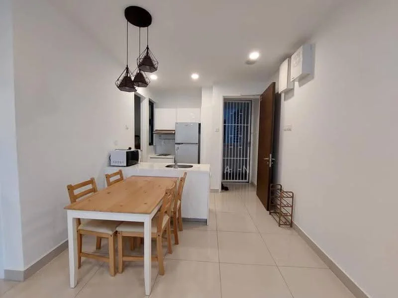 Dining features: wooden dining table, 4 wooden dining chairs, white cabinetry, stainless-steel fridge, built-in oven, microwave, white tiled backsplash, light-colored tiled flooring, recessed ceiling lights, wall-mounted air conditioning unit; style: modern.