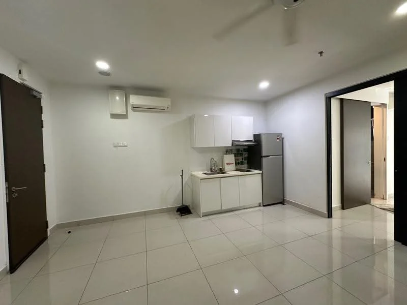 Kitchen features: white cabinetry, stainless-steel fridge, built-in sink, chrome faucet, ceramic tile flooring, recessed downlights, wall-mounted split AC, countertop, back wall with tile backsplash; style: modern. Room features: white painted walls, sliding door, floor-to-ceiling windows, ceiling fan.