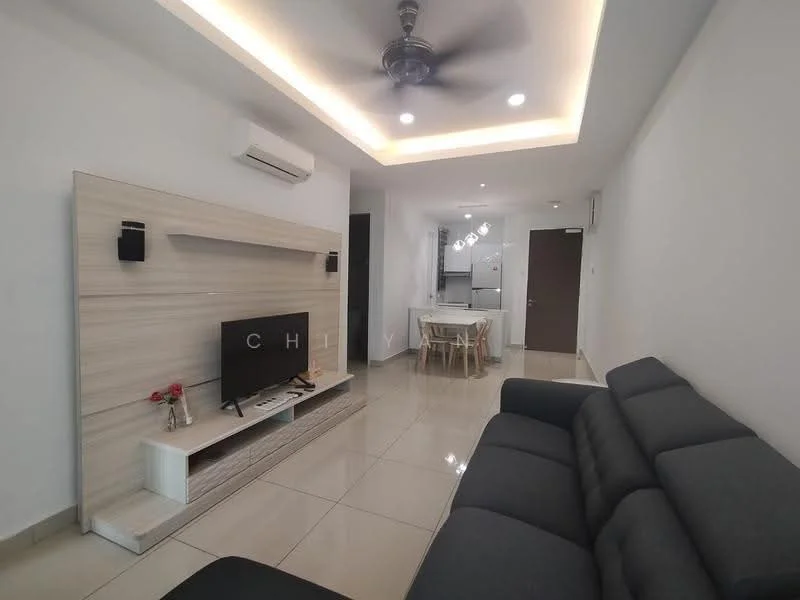 Living features: grey fabric sofa, wall-mounted TV, TV console with storage, decorative wall shelf, recessed ceiling lights, ceiling fan with light, white painted walls, glossy tile flooring, dining area visible in background, air conditioning unit; style: modern.