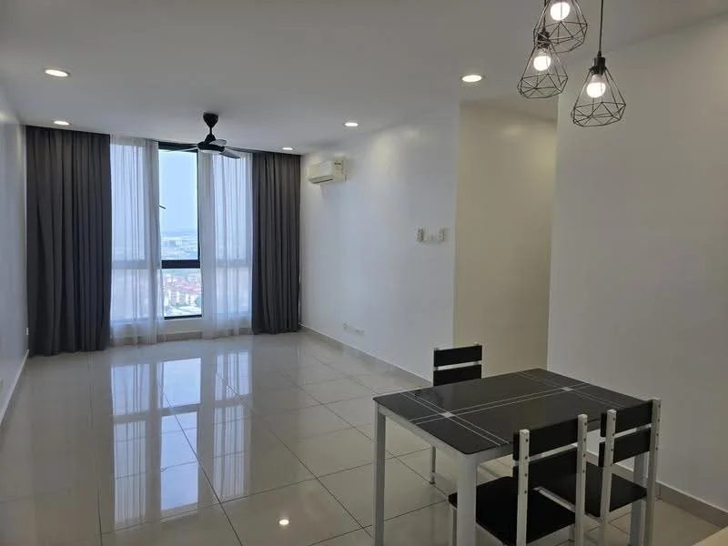 Living features: white painted walls, glossy ceramic tile flooring, 5-blade ceiling fan with light, floor-to-ceiling windows, grey curtains, dining table with four black chairs, recessed downlights; style: modern; view: city.