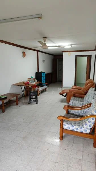 Living features: white painted walls, tile flooring, 5-blade ceiling fan, sofa with patterned upholstery, wooden coffee table, wooden armchairs, blue storage cabinet, dining table, light fixture on ceiling; style: traditional.
