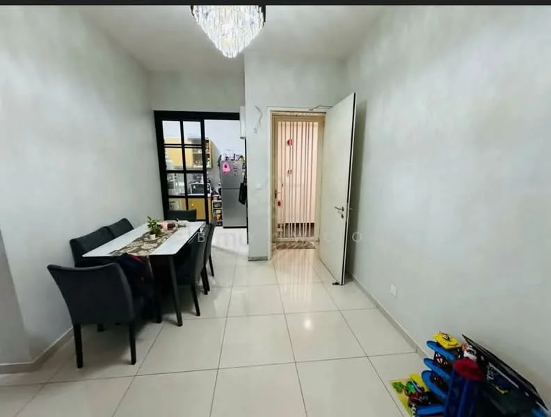 Dining features: white painted walls, glossy tile flooring, chandelier light fixture, 4-seater dining table, upholstered dining chairs in grey, door leading to hallway, floor-to-ceiling glass door, decorative wall art; style: modern. Room features: white painted walls, glossy tile flooring, door leading to another room.