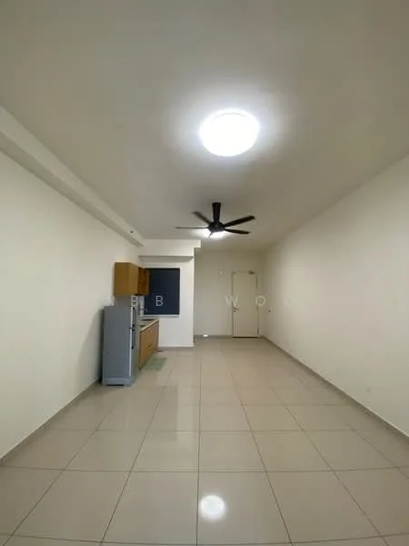 Living features: white painted walls, glossy tile flooring, 5-blade ceiling fan with light, refrigerator, wood cabinetry, kitchen countertop, open layout, doorway, light fixture; style: modern.