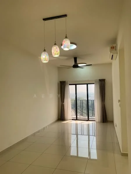 Living features: white painted walls, glossy ceramic tile flooring, 5-blade ceiling fan with light, 3 pendant lights, floor-to-ceiling sliding glass door, sheer curtains, balcony view, air conditioning unit; style: modern; view: city.
